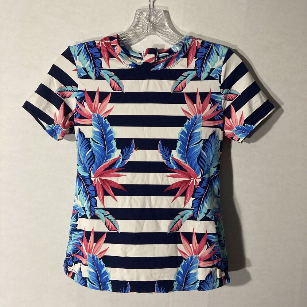 TOMMY BAHAMA blue white striped multicolor floral crew neck uv top XS